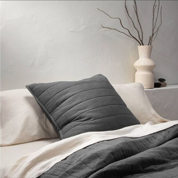 Casaluna Euro Heavyweight Linen Blend Quilt Pillow Sham Dark Gray - Picture 4 of 5